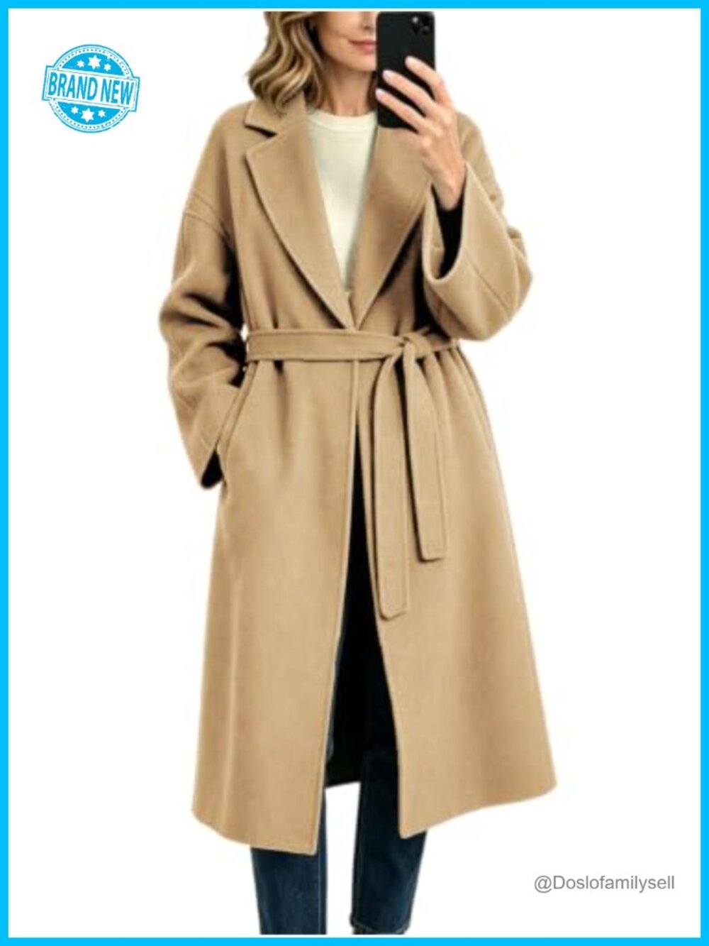 Women's Wool Blend Oversized Maxi Trench Coat Belted Notch Lapel